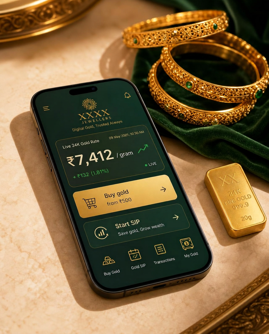 Your showroom's own digital gold app on a phone showing the live MCX 24K gold rate of ₹7,412 per gram